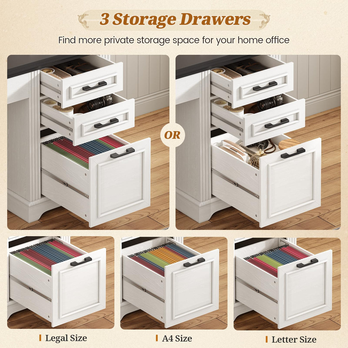 SEDETA Farmhouse Computer Desk with Hutch and 3 Drawers, 47.2" Executive Office Desk with Storage Drawers, Wood Desk with Power Outlet for Home Office, White SEDETA