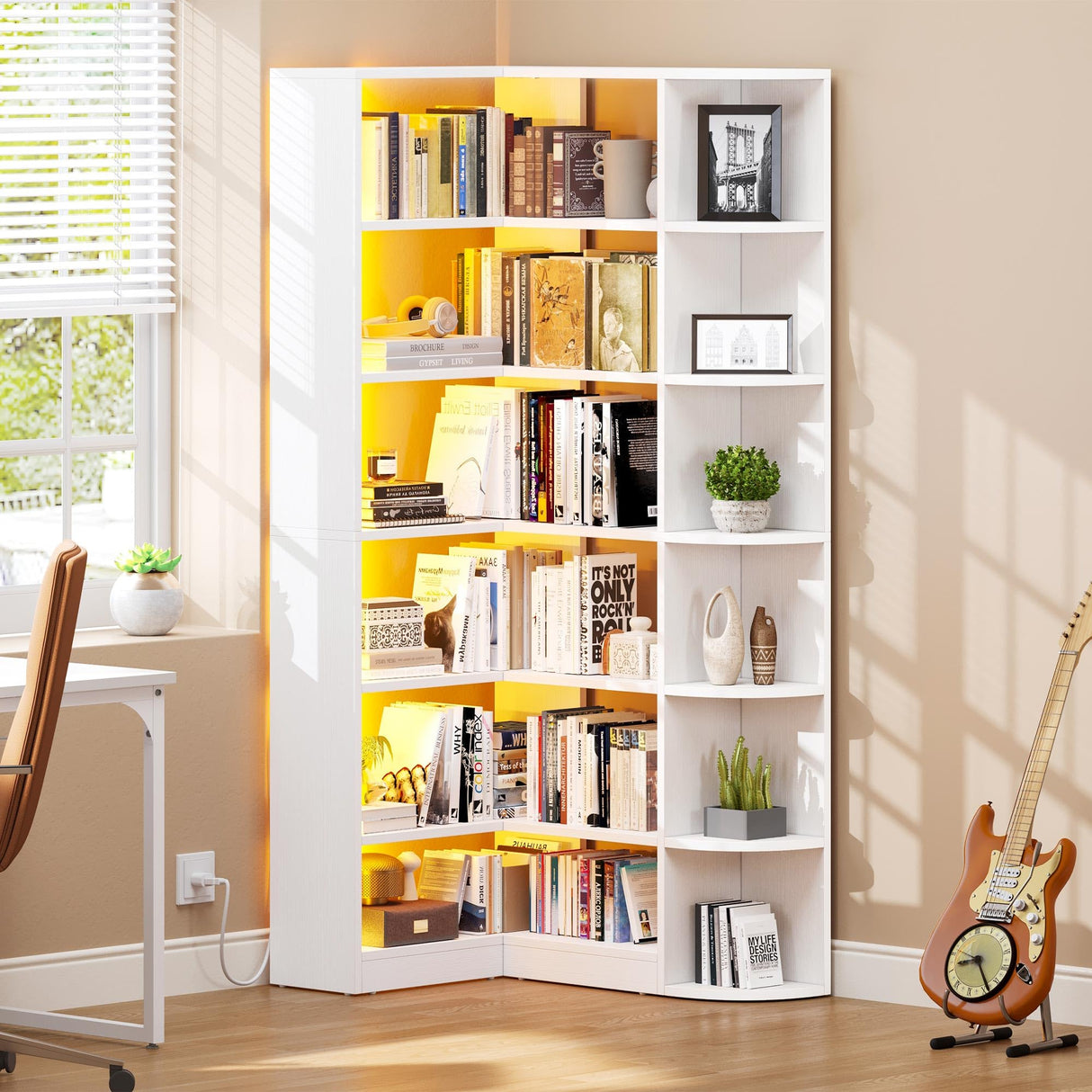 YITAHOME Corner Bookshelf with LED Light, 6 Tier Corner Shelf White Bookshelf L-Shaped Bookcase Storage Display Shelf for Home Office, Living Room, White YITAHOME