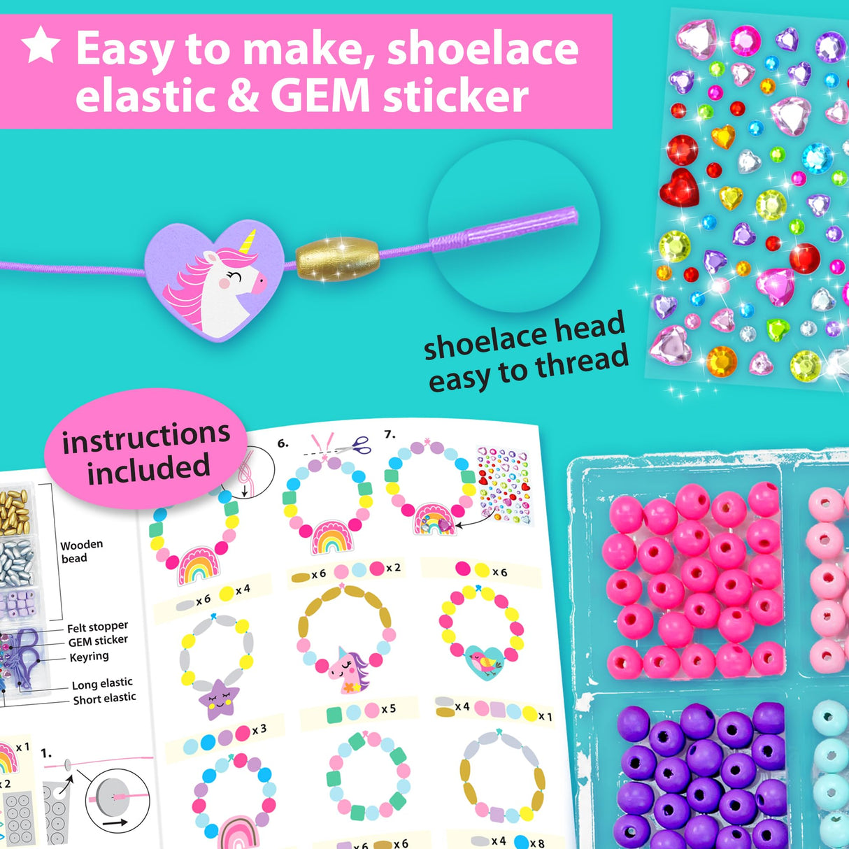 KRAFUN Unicorn Bracelet Craft Kit for Kids, Premium Wooden Beads, 14 Easy DIY Friendship Bracelets, Charms, Gem Stickers, Instructions, Gift for Girls KRAFUN