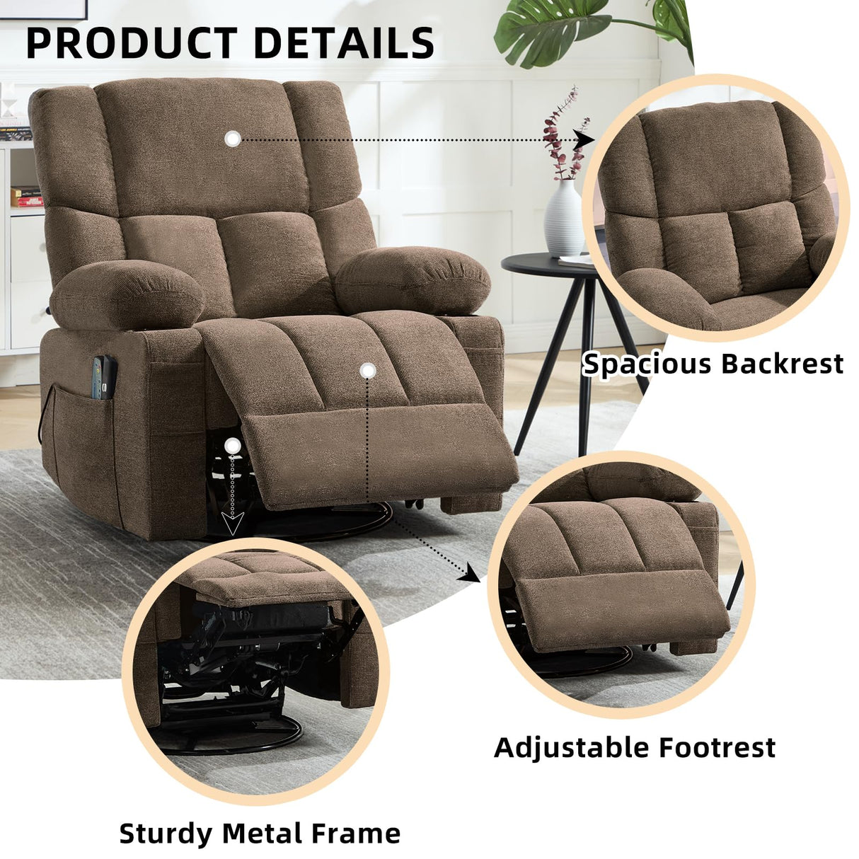 IOMOR Power Recliner Chair with Massage and Heating, 360° Swivel Rocker Glider Chair for Adults, Upholstered Fabric Reclining with Side Pockets and Cup Holder for Living Room, Nursery (1, Brown) IOMOR