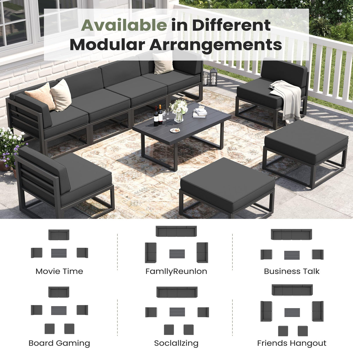 VONZOY 11 Piece Aluminum Patio Furniture Set with Waterproof Cover & 5" Thick Cushions, Aluminum Outdoor Sectional Conversation Set with Coffee Table Ottoman for Porch, Backyard(Grey/Grey) VONZOY
