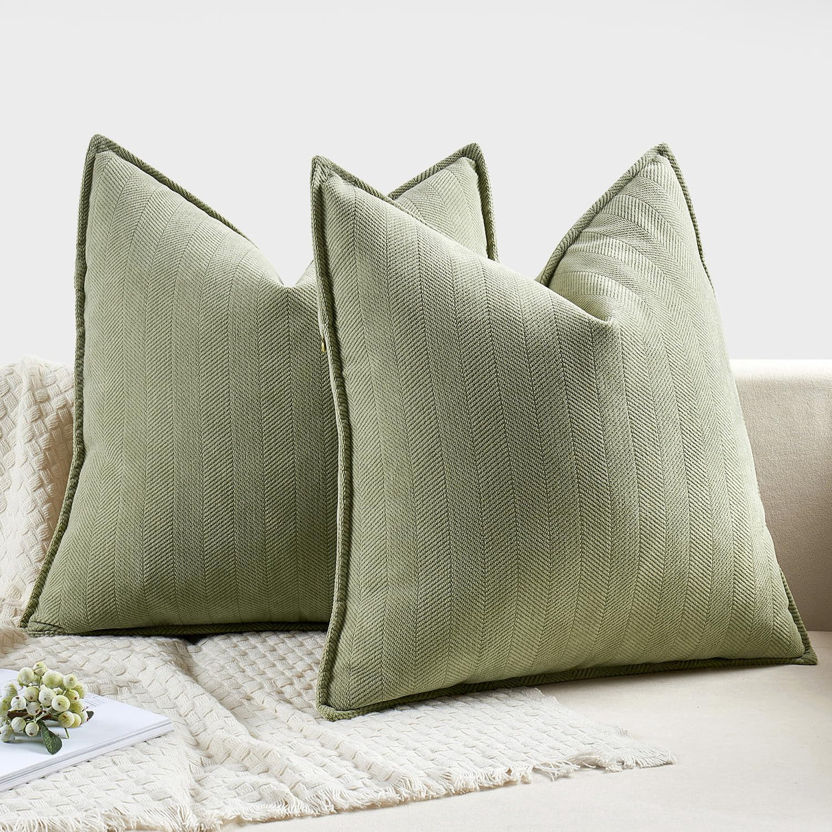 MIULEE Pack of 2 Sage Green Decorative Pillow Covers 20x20 Inch Soft Chenille Luxurious Couch Throw Pillows Farmhouse Cushion Covers with Elegant Design for Sofa Bedroom Living Room Home Decor MIULEE