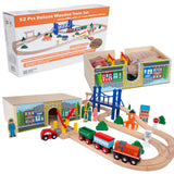 ORBRIUM 52 Pcs Deluxe Wooden Train Set with Wooden Storage Box Tunnel Compatible with Thomas, Brio, Melissa (Wooden Box - 52 Pcs Train Set) Orbrium