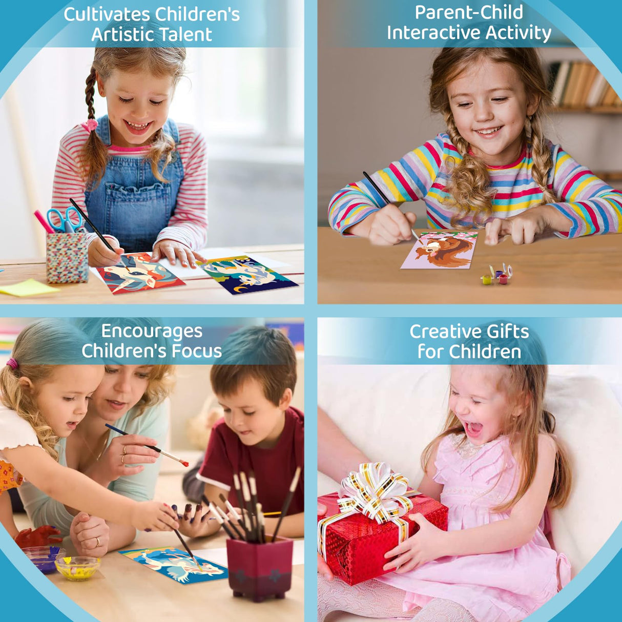 Nariolar 4 Pack Paint by Numbers Kit for Kids Ages 4-6 with 4.7X3.1inch Pre-Printed Cardboard,Acrylic Paint Pots and 3 Painting Brushes，Creative Gifts for Kids（Kitten and Rabbit Nariolar