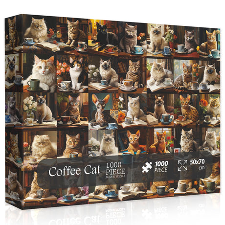 Cat Puzzles for Adults 1000 Pieces and Up, Vintage Cat Animal Puzzle Collects 40 Coffee Book Cats Collage Jigsaw Puzzle, Retro Funny Kitten Puzzle as Cat Wall Decor PPuzzling