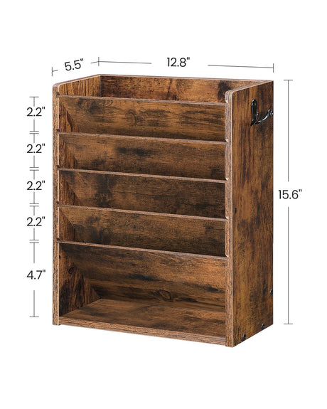 CHOEZON Wall File Organizer, 6-Tier Vertical Mount Hanging Holder with 2 Side Hooks, Vintage Wooden Magazine Storage Crate with Bottom Flat Tray, Desk Organizer, for Office, Home, Rustic Brown MWJ01FG CHOEZON