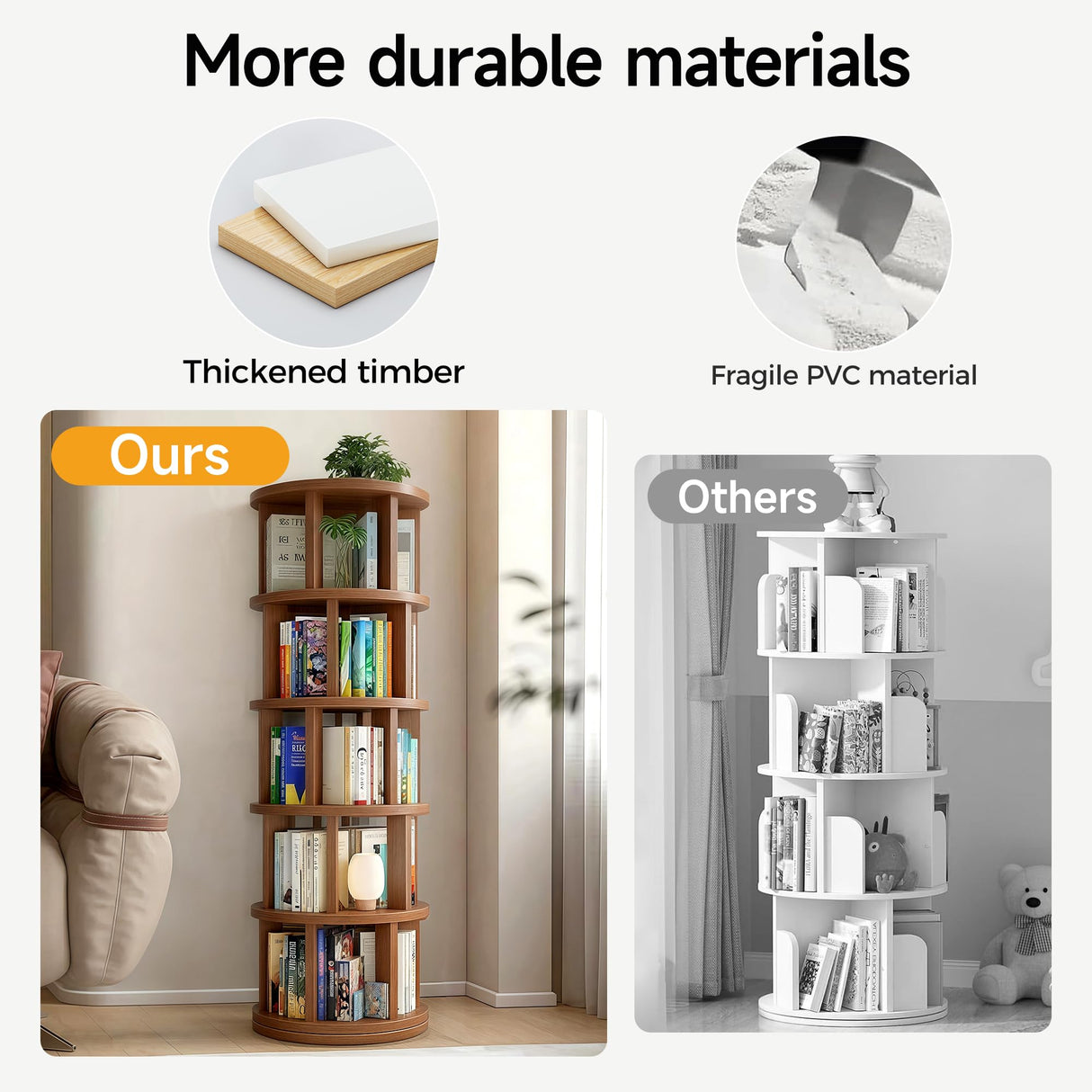 vie poetique Rotating Bookshelf Tower, Wooden, 5 Tier Vertical Rotate Turning Spiral Corner Organizer, 360° Rotating Book Tower, Ideal for Small Spaces, Living Rooms, Corners, Bedrooms (Rural, 5 Tier) vie poetique
