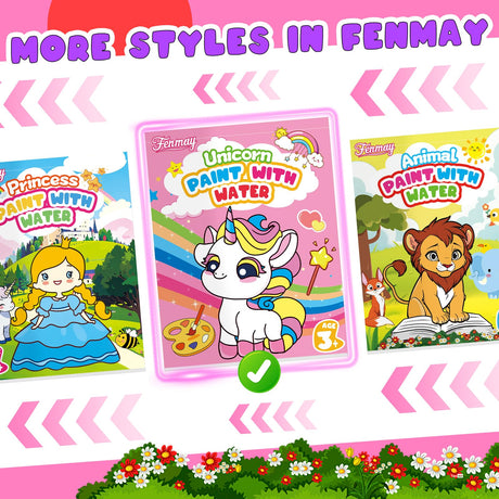 Fenmay Paint with Water Coloring Books for Kids, Mess Free Watercolor Paint Sets with 2 Premium Brushes, Arts and Crafts Birthday Gift for Kids Age 3-5 4-8, Travel Activities Toy (Unicorn) Fenmay