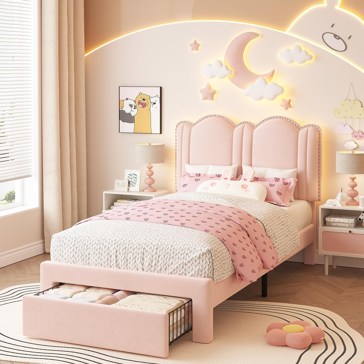 EnHomee Twin LED Bed Frame with Storage Drawer,Princess Bed Frame Twin Size,Cute Upholstered Bed Frame with Adjustable Cloud Headboard,Strong Support,No Box Spring Required,Easy Assembly,Pink EnHomee