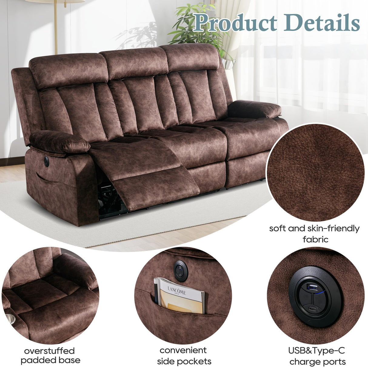 GUEAPY Power Reclining Sofa – 3 Seater Reclining Couch with Massage & Heat, Drop-Down Table, USB & Type-C Charging Ports, Cup Holders, Dutch Velvet,Power Sofa for RV，Media Room & Living Room GUEAPY
