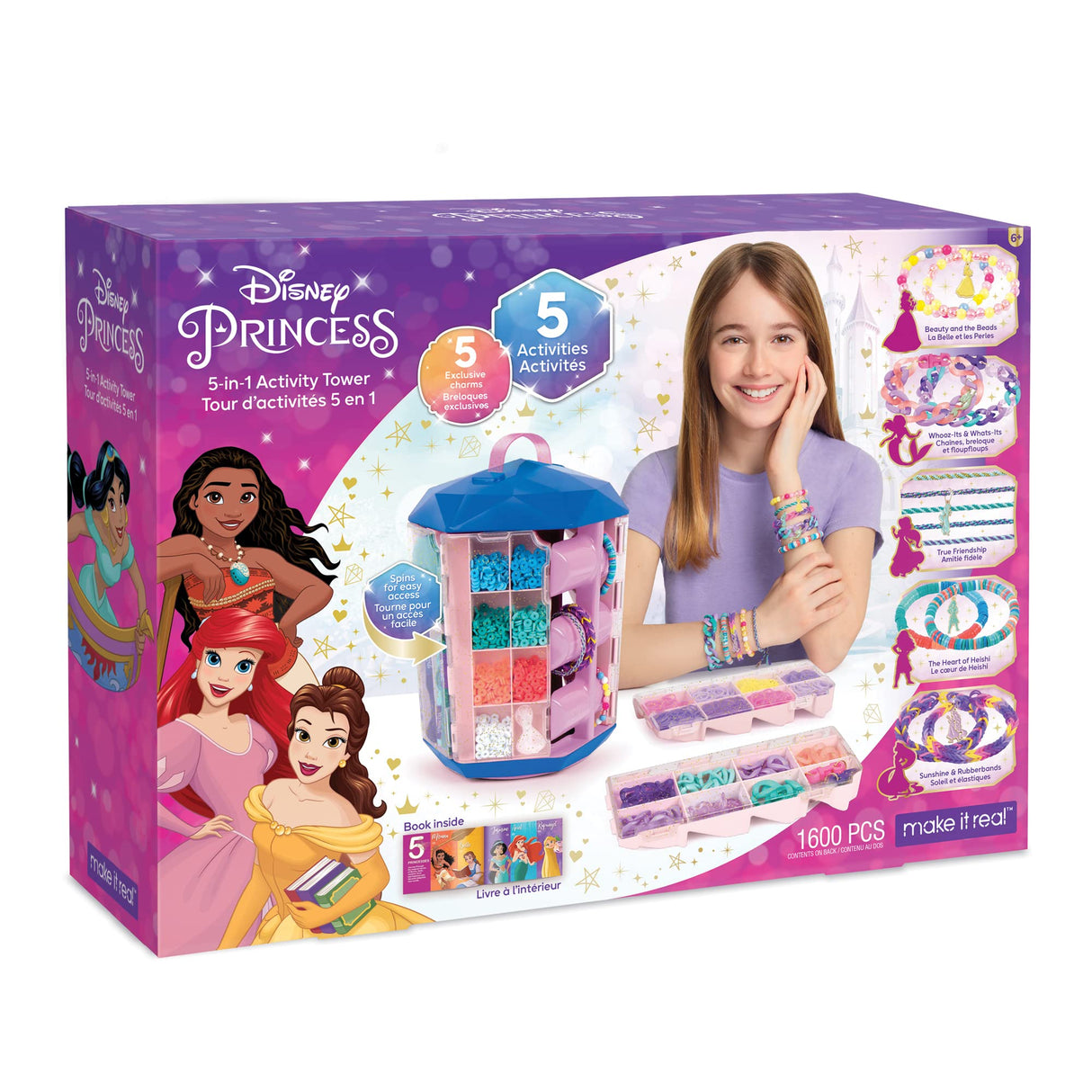 Disney Princess: 5-In-1 Activity Tower - 1600 Pieces Spinning Vertical Platform, Make It Real, 5 Removable Storage Trays, 5 Princess Charms, Various Types Of Beads, DIY Unique Jewelry Kit, Ages 8+ Make It Real