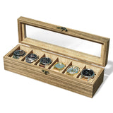 SRIWATANA Watch Box Case Organizer Display for Men Women, 6 Slot Wood Box with Glass Top, Gift for Loved Ones, Carbonized Black SRIWATANA