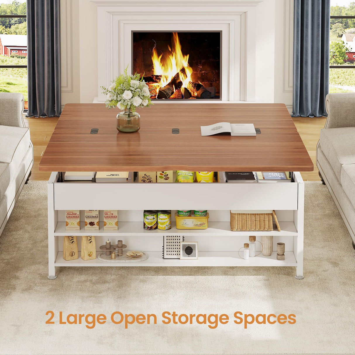 Itaar Lift Top Coffee Table Set, 43'' Multi-Function Coffee Table with Storage Drawers and Hidden Compartment, Center Table with Ottoman Bench for Living Room, White Itaar