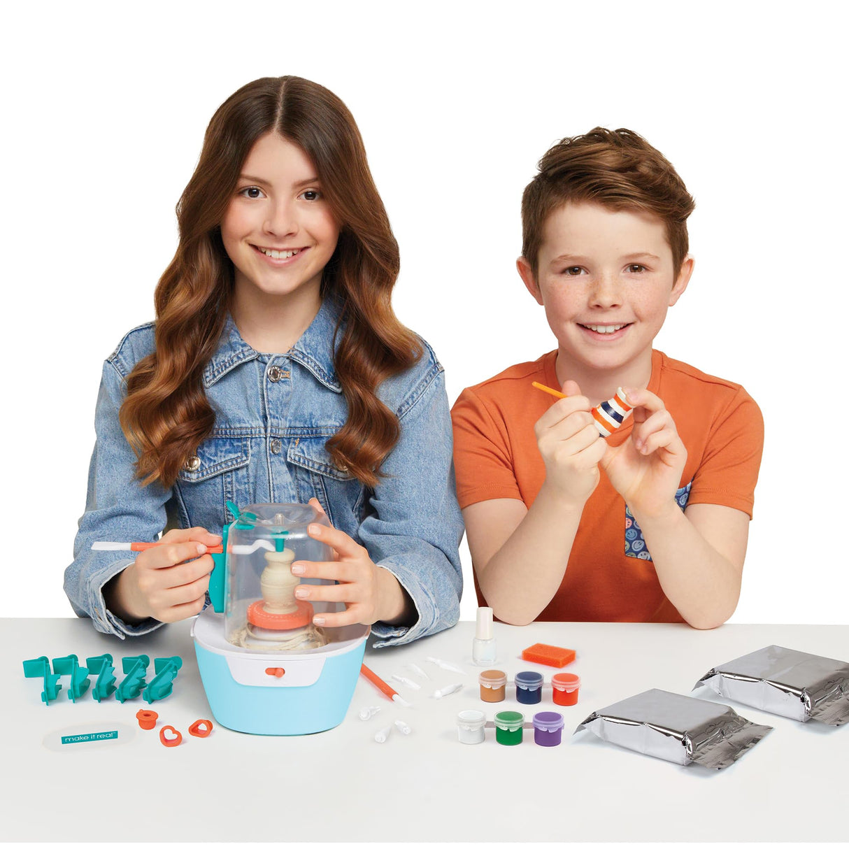 Make It Real Mini Pottery Studio Deluxe Set - DIY All-in-1 Sculpting Craft Kit for Kids & Tweens - Create 20 Unique Miniature Clay Projects - No Mess, No Bake, Quiet Wheel - All Skill Levels Ages 8 Make It Real