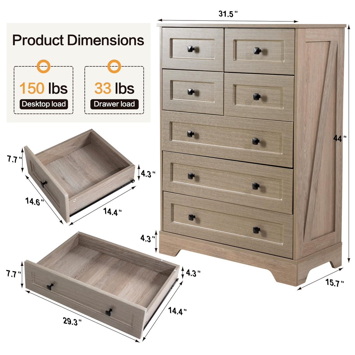 spanspace 7 Drawers Tall Dressers for Bedroom, 44" Wood Chest of Drawers with Metal Handle, Farmhouse Dresser for Living Room, Hallway spanspace