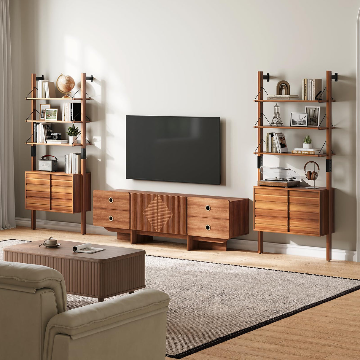 JOINICE, Ladder Bookshelf with Storage Cabinet, Mid Century Modern Wall Mounted Bookcase with Wood and Metal Frame, 6 Tier Open Display Shelves for Living Room, Bedroom, Home Office, Cherry JOINICE