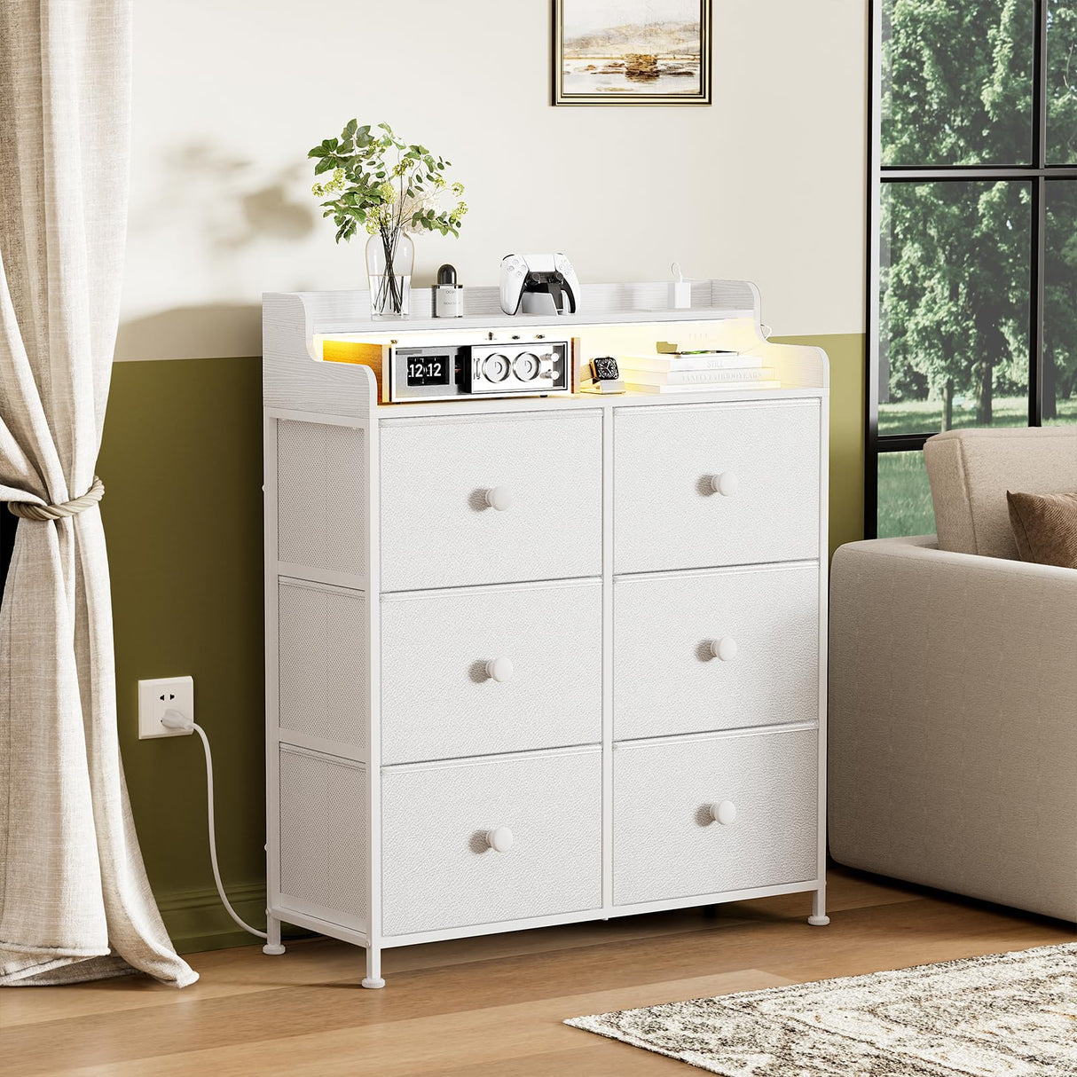 REAHOME Dresser for Bedroom with Charging Station and LED Lights, 6 Drawers Dresser TV Stand with Wooden Top, Tall Fabric Chest of Drawer with Sturdy Frame for Closet, Living Room, Hallway, White REAHOME