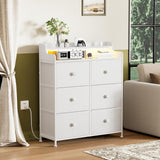 REAHOME Dresser for Bedroom with Charging Station and LED Lights, 6 Drawers Dresser TV Stand with Wooden Top, Tall Fabric Chest of Drawer with Sturdy Frame for Closet, Living Room, Hallway, White REAHOME