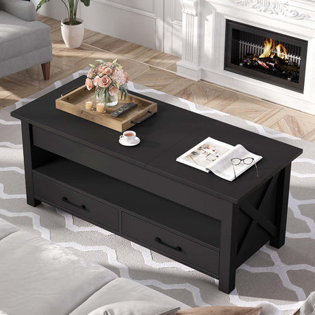 Seventable Coffee Table, 47.2" Lift Top Coffee Table with 2 Storage Drawers and Hidden Compartment, X Wood Farmhouse Support, Retro Center Table with Lift Tabletop for Living Room,Black Seventable