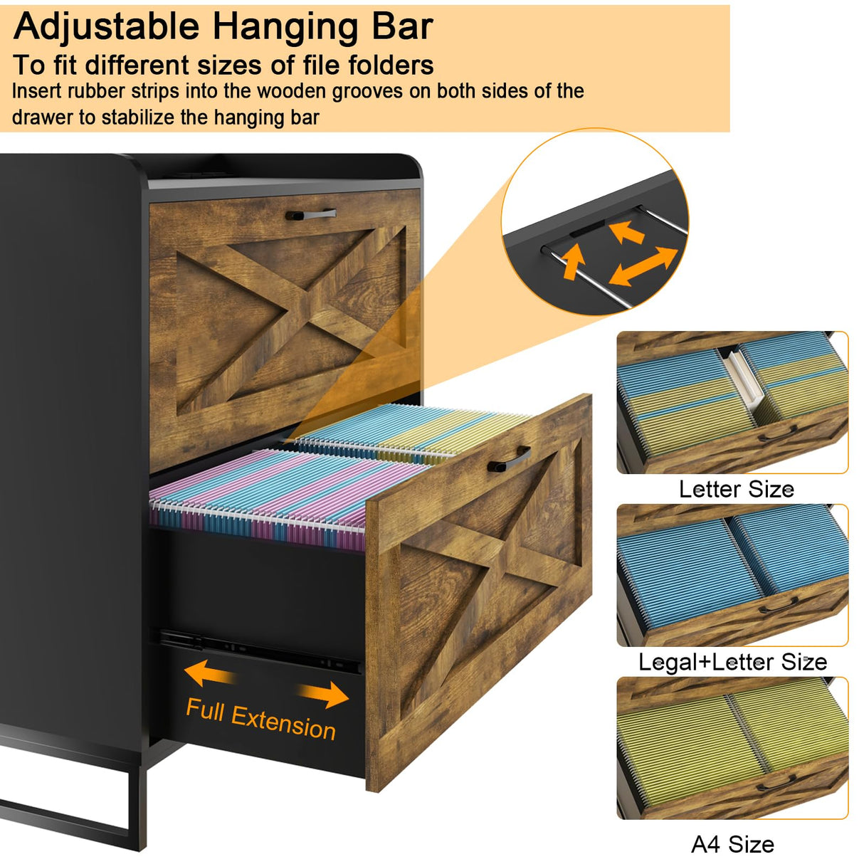 2 Drawer Lateral File Cabinet, Filing Cabinet with Charging Station for Letter/Legal/A4 Size Hanging Files, Modern Farmhouse File Cabinet for Home Office, Printer Stand with Storage, Brown and Black Befrases