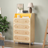VINGLI Rattan Dresser with LED Lights, Tall Dresser Boho Chest of Drawers for Bedroom, Wicker Chest 4 Drawer, Vertical Dressers for Bedroom，Natural Oak VINGLI