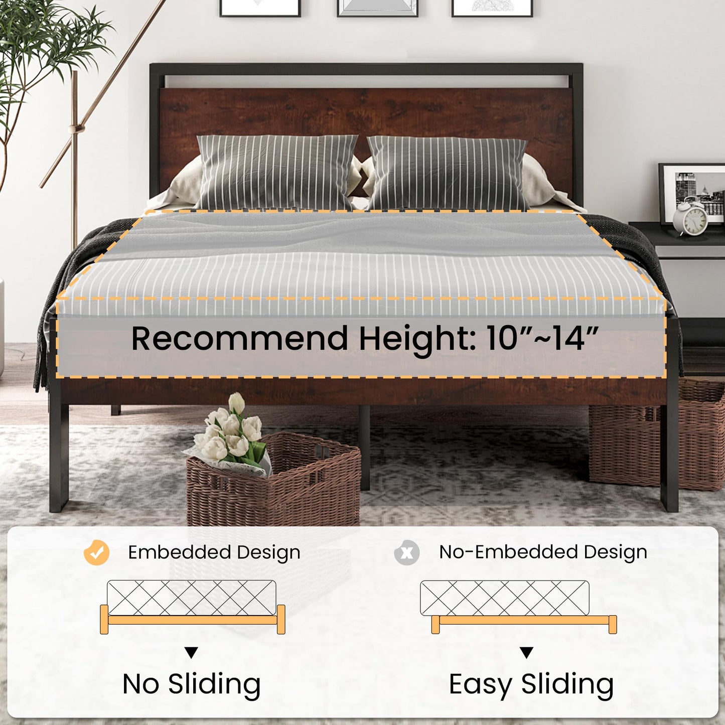 SHA CERLIN 14-Inch Queen Metal Platform Bed with Wooden Headboard and Footboard, No Box Spring Required, Mahogany Finish - WoodArtSupply