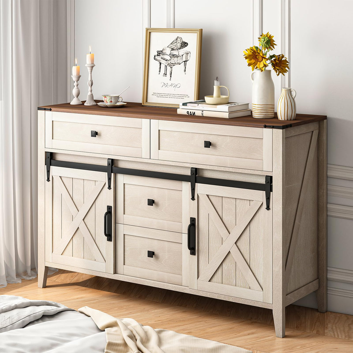 GlouMod Farmhouse Dresser for Bedroom, Sliding Barn Door Dresser with 4 Drawers Dresser Wood, White Dresser & Chest of Drawers, Kids Dresser TV Stand 47" GlouMod