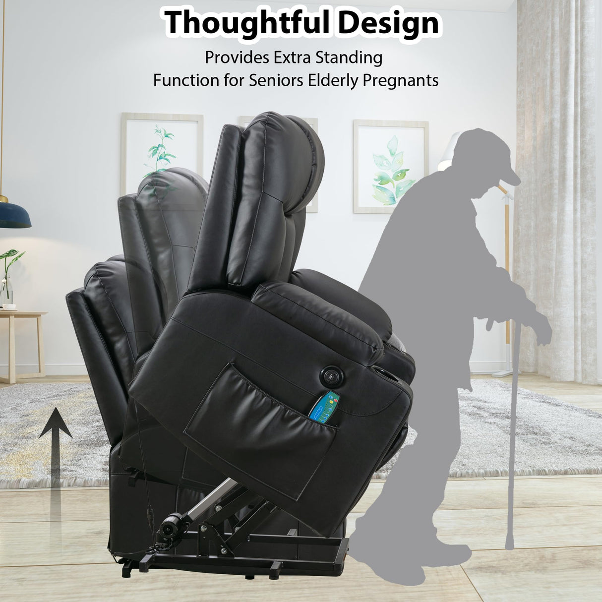 Bonzy Home 26" Extra Wide Lift Chair with Heat and Massage, Faux Leather Power Lift Recliner Massage Chair for Adults Elderly, Upholstered Recliner with 2 Cup Holders, Side Pocket Bonzy Home