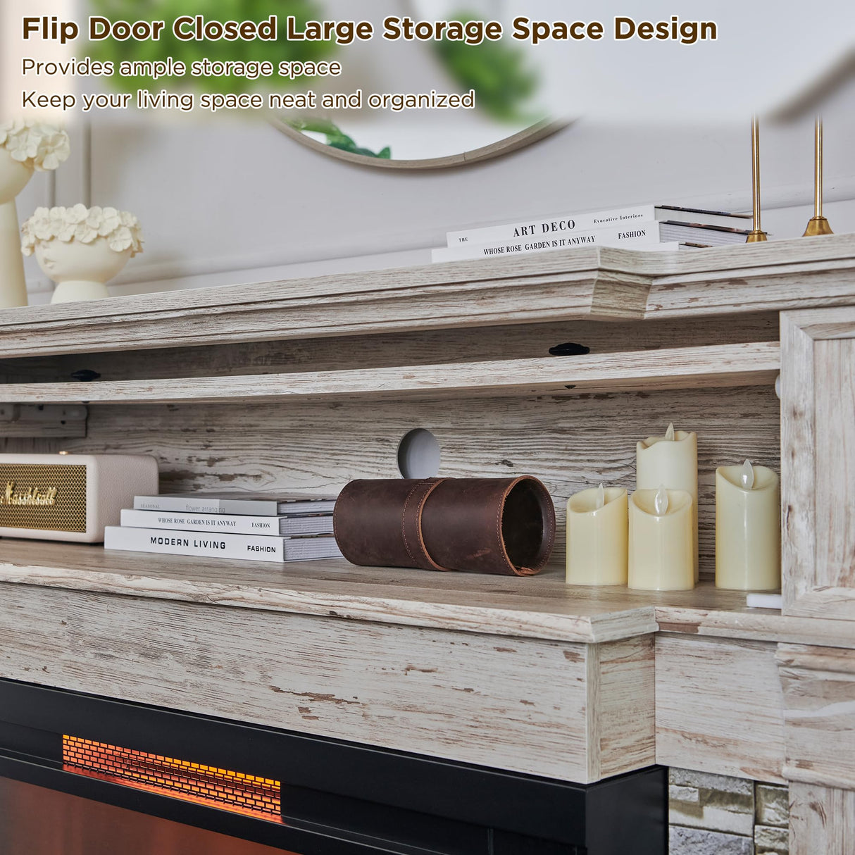 RedLemon 3-Sided Glass Fireplace TV Stand for TVs up to 65'', 52'' Electric Fireplace with Mantel, 36'' Tall Highboy Farmhouse Entertainment Center with Storage for Living Room, Antique Brush White RedLemon