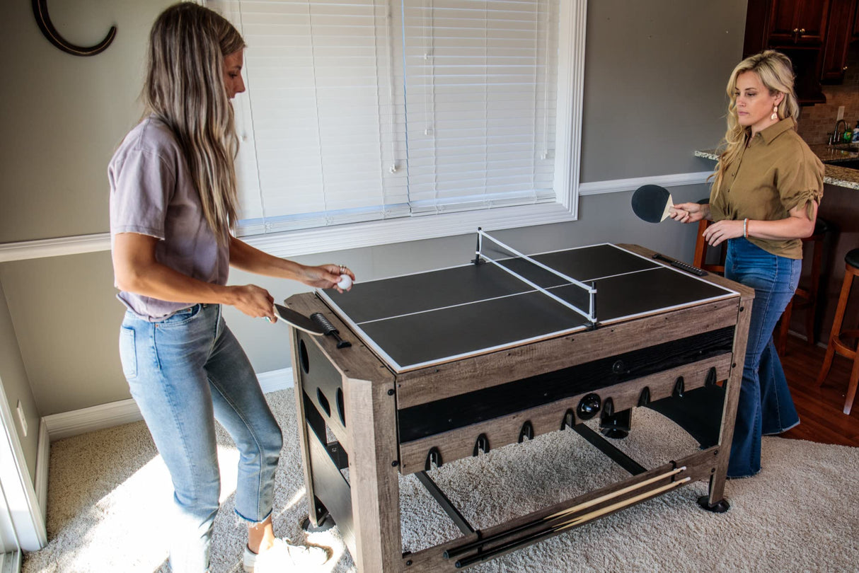56” 4-in-1 Swivel Multi-Game Table - Air Hockey, Billiards, Foosball, Ping Pong - Rustic Wood Grain Finish, Brown Triumph