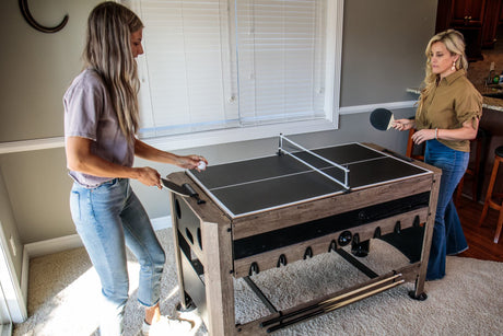 56” 4-in-1 Swivel Multi-Game Table - Air Hockey, Billiards, Foosball, Ping Pong - Rustic Wood Grain Finish, Brown Triumph
