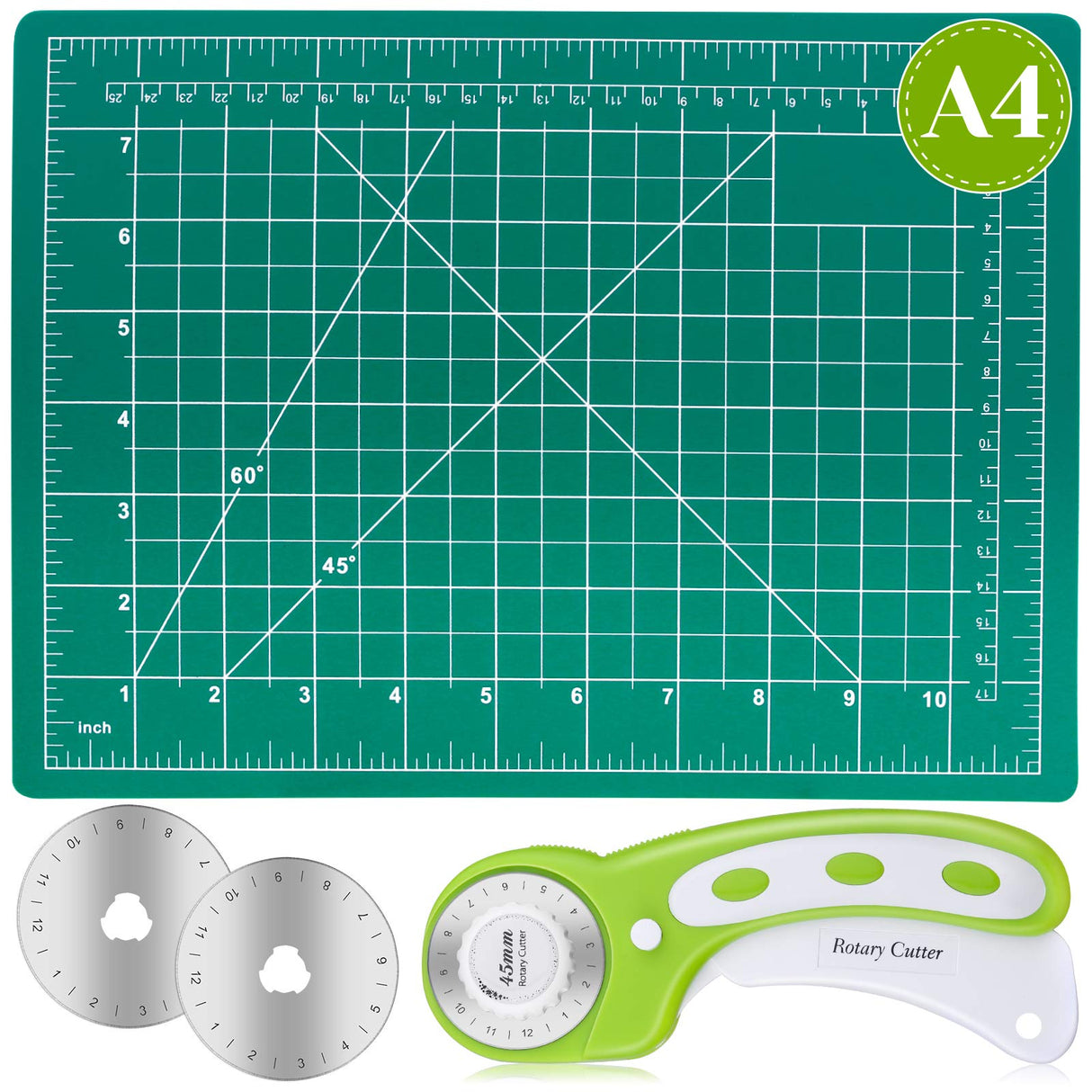 Rotary Cutter Set, Audab Self Healing Sewing Mats Rotary Cutter and Mat 45mm Rotary Fabric Cutter Set with 2 Blades Rotary Cutting Mat for Crafts Fabric Quilting Hobby (9" x 12" (A4)) Audab
