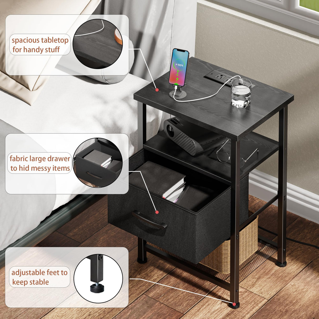 LAKEMID Nightstand with Charging Station and Drawer, End Table Bedside Table with 20 Colors LED Light Strip and 2 Layers Shelf for Bedroom Living Room Sofa Couch, Black LAKEMID