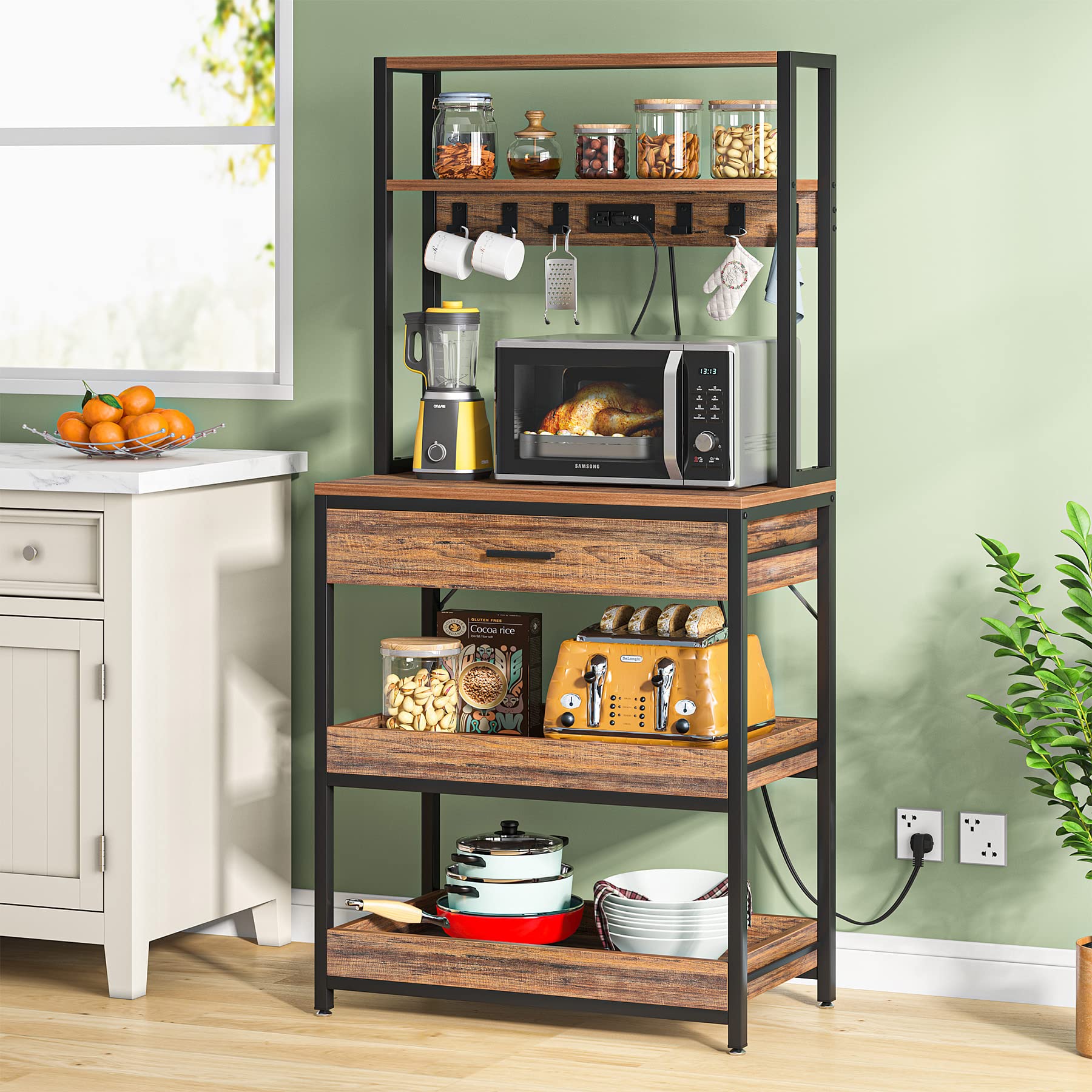 Tribesigns Rustic Brown 5-Tier Kitchen Bakers Rack with Power Outlets and Drawers - WoodArtSupply