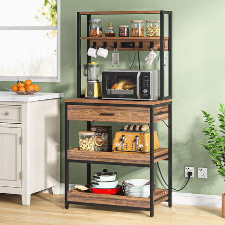 Tribesigns Rustic Brown 5-Tier Kitchen Bakers Rack with Power Outlets and Drawers Tribesigns