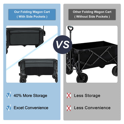 Mdeam 220L Collapsible Foldable Wagon, Heavy Duty Folding Utility Cart with Big All-Terrain Beach Wheels, Cup Holders, Side Pockets and Adjustable Handle for Camping, Garden, Sports, Shopping (Grey)