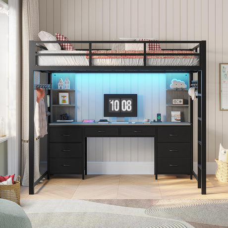 ADORNEVE Full Size Loft Bed with Desk and 8 Storage Drawers, Metal Loft Beds Full with LED Lights & Charging Sation, Heavy Duty Loft Bed Frame with 6 Storage Shelves, Space-Saving, Noise Free,Grey ADORNEVE