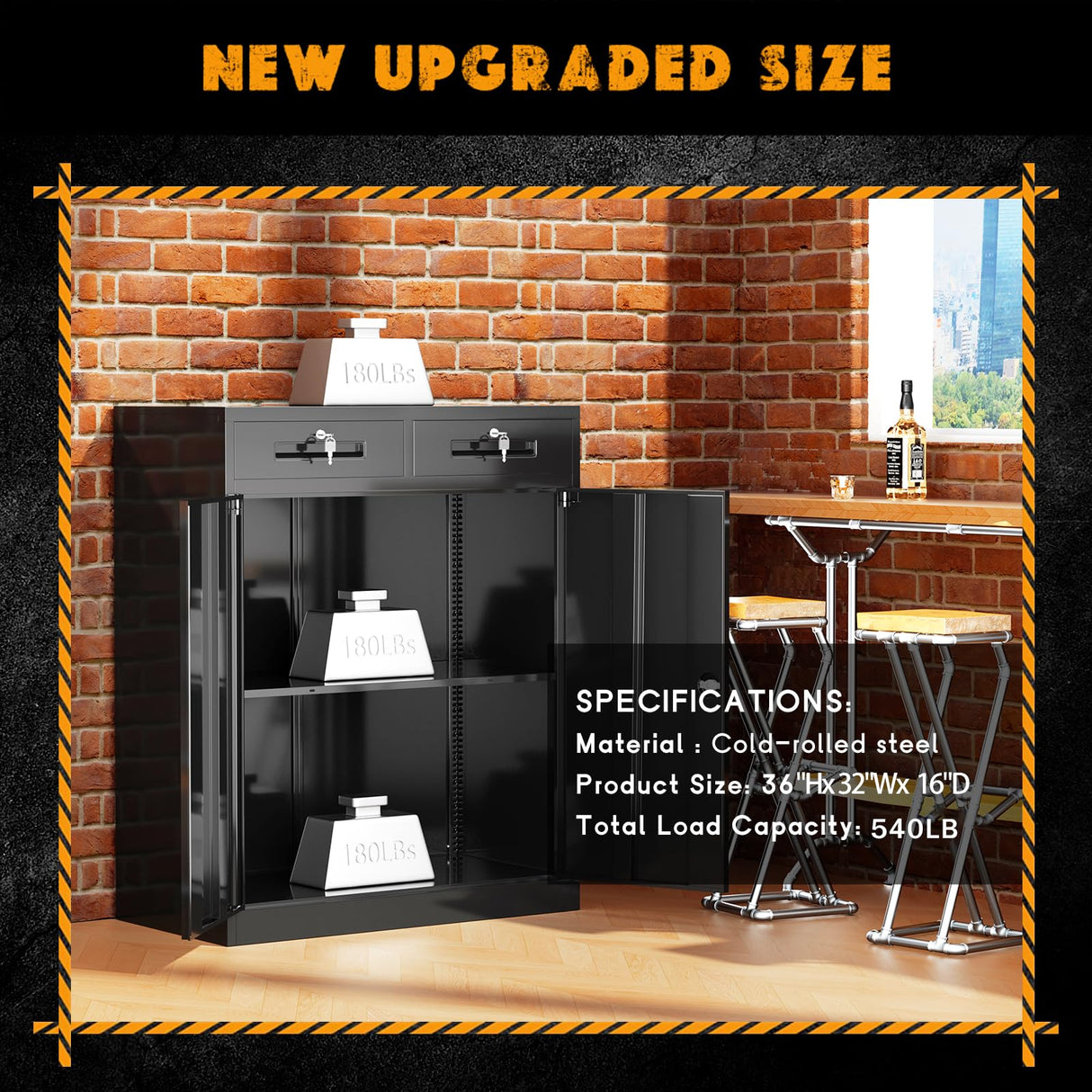 Greenvelly Metal Storage Cabinet with 2 Drawers,36" Black Metal Cabinets with Doors and Shelves, Garage Cabinet with Lock for Home Office, Garage, School, Apartment,Warehouse Greenvelly