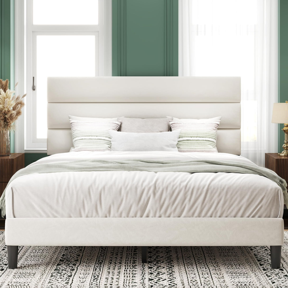 Acurax Queen Size Bed Frame with Velvet Upholstered Headboard, Platform Bed Frame with Metal Support, Fully Upholstered Mattress Foundation, No Box Spring Needed, Noise Free, Easy Assembly, Beige Acurax