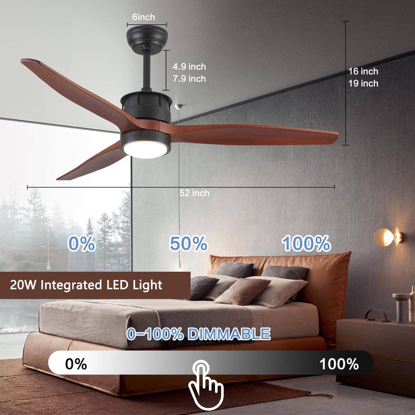 52 Inch Solid Wood Ceiling Fans with Lights Remote Control, Quiet DC Motor 3 Blade Dimmable Modern Indoor Outdoor Ceiling Fan for Living Room,Bedroom,Farmhouse,Office(Black+Solid Walnut Wood)