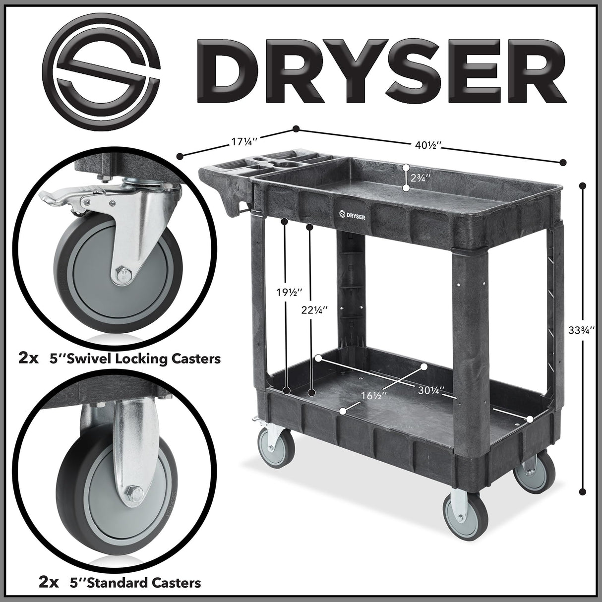 Dryser Utility Service Cart with Wheels, 40" x 17" Heavy Duty 550 lb. Capacity with Shelves - 2 Tier Rolling Cart with Two 5" Swivel Casters for Warehouse, Garage, Cleaning Dryser