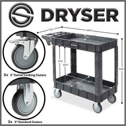 Dryser Utility Service Cart with Wheels, 40" x 17" Heavy Duty 550 lb. Capacity with Shelves - 2 Tier Rolling Cart with Two 5" Swivel Casters for Warehouse, Garage, Cleaning - WoodArtSupply