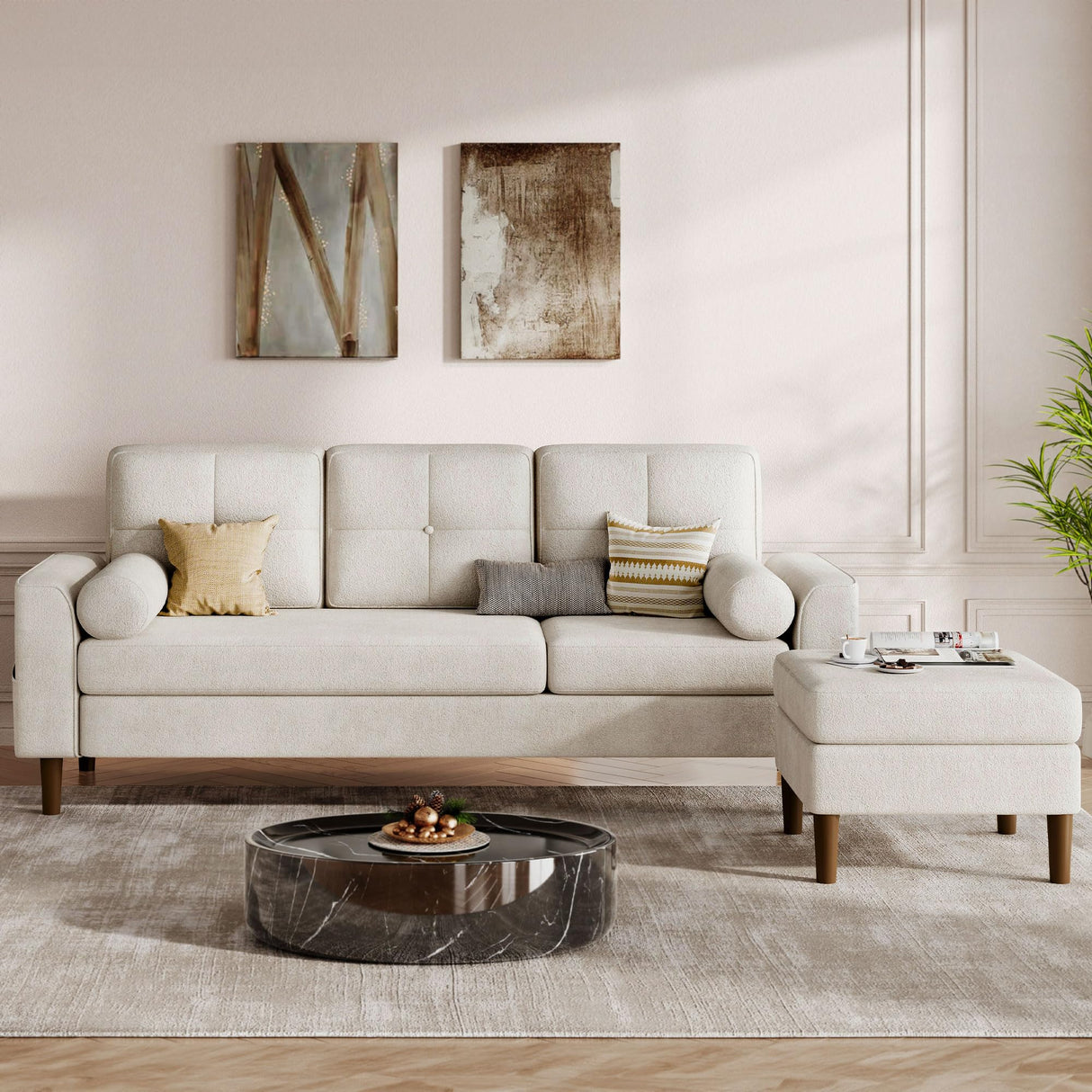 YITAHOME 78" Sectional Sofa Couch with Removable Ottoman, Cat-Scratch-Proof Fabric Sofa for Living Room Apartment, L-Shaped Sofa with 2 Cylinder Neck Pillows and Storage Pocket, Beige YITAHOME