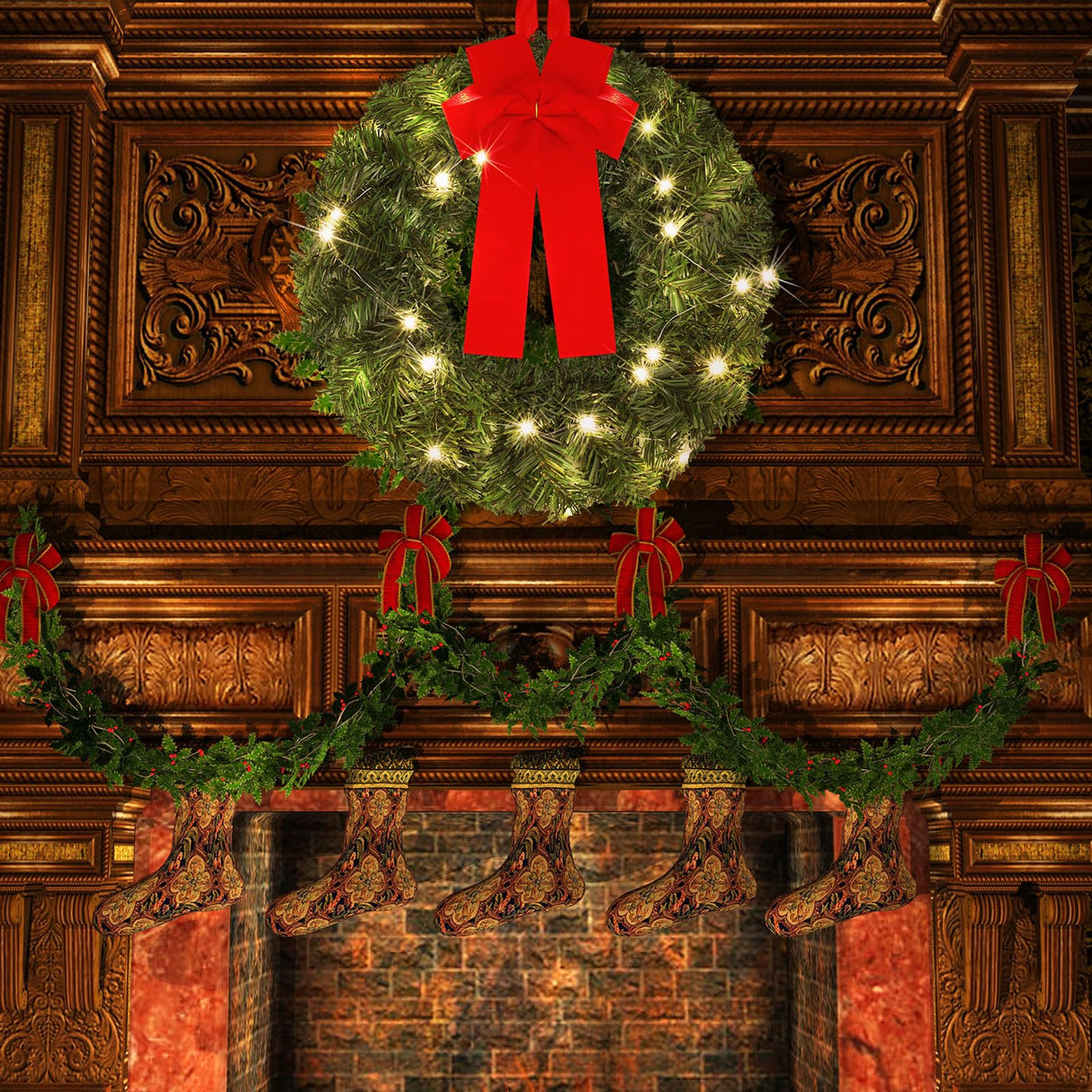 Yuxung 6 Pcs 14 Inch Pre Lit Christmas Wreath with Lights Mini Artificial LED Christmas Front Door Wreath with Red Bow for Xmas Holiday Party Decorations Table Fireplaces Porch Wall Ornament Yuxung