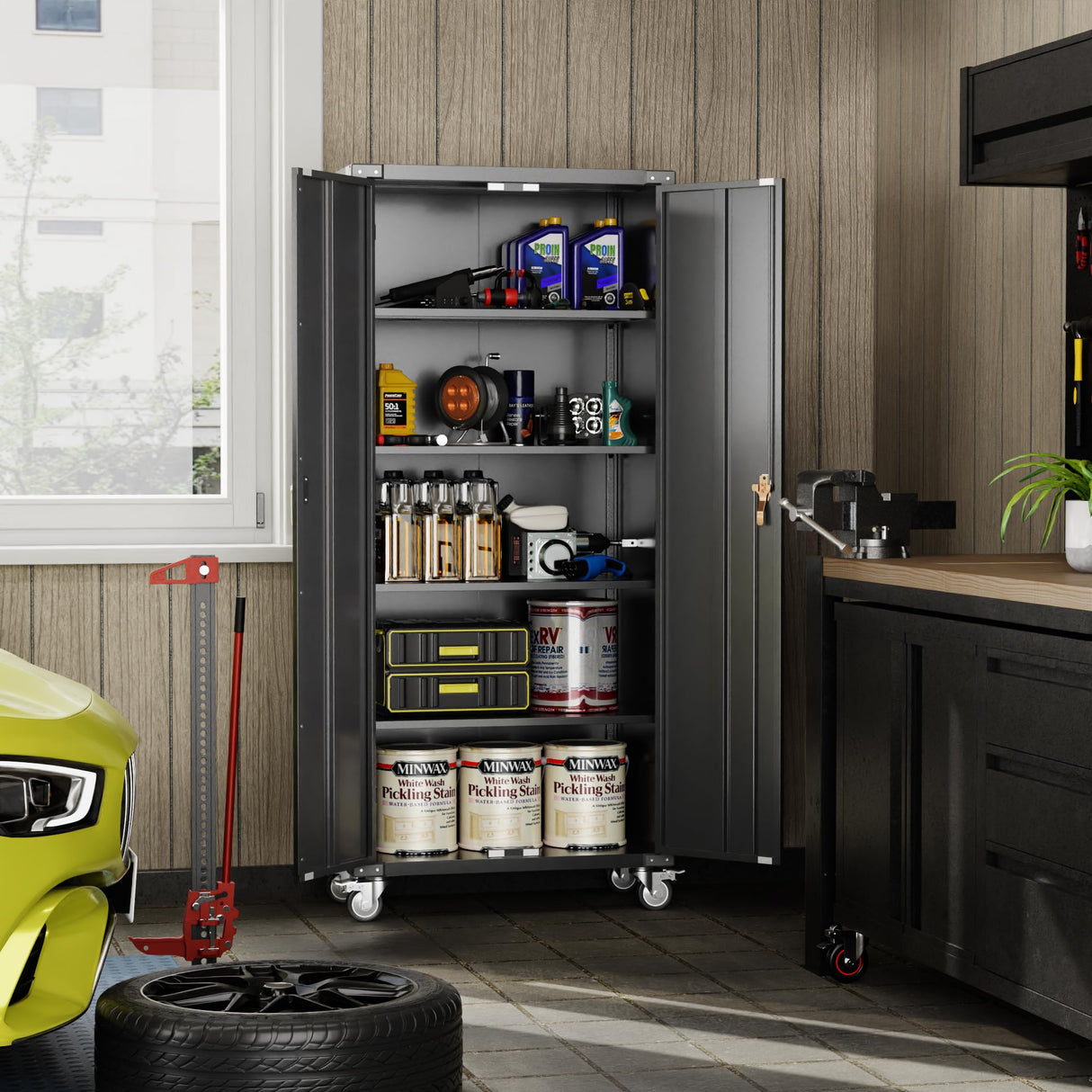 GangMei Black Metal Storage Cabinet with Wheels, 72'' Rolling Locking Garage Cabinet, 4 Adjustable Shelves, Utility Cabinet for Garage, shop, Home, Assemble Required GangMei