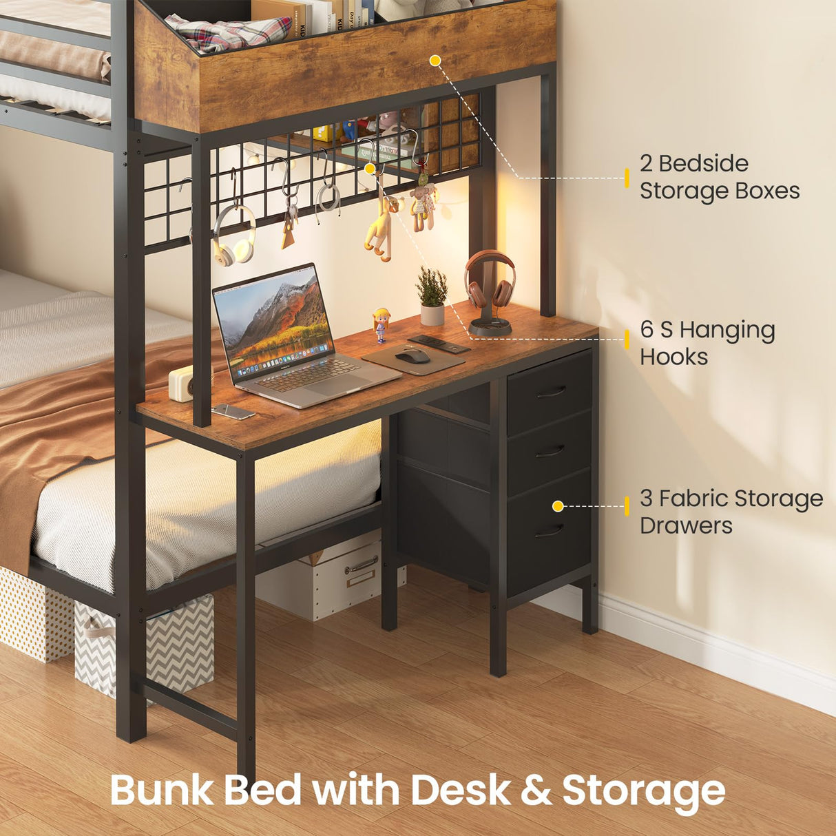 VIAGDO Bunk Bed Twin Over Twin with Charging Station and LED Lights, Heavy Duty Metal Bunk Bed with Desk and 3 Storage Drawers, Utility Storage Shelf and Boxes, No Box Spring Needed, Black VIAGDO