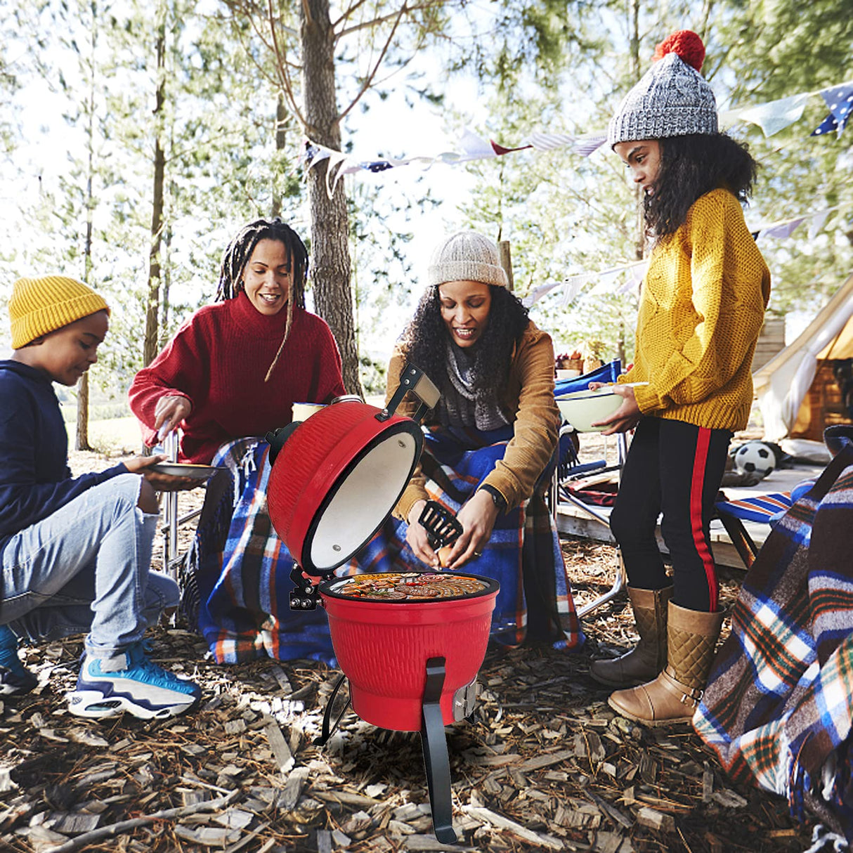 Portable Ceramic Charcoal Grill,13 Inch Outdoor BBQ Egg Grills with Built-in Thermometer, Multifunctional Ceramic Barbecue Grill, Egg Outdoor Kitchen Style (Red) Guangshuohui