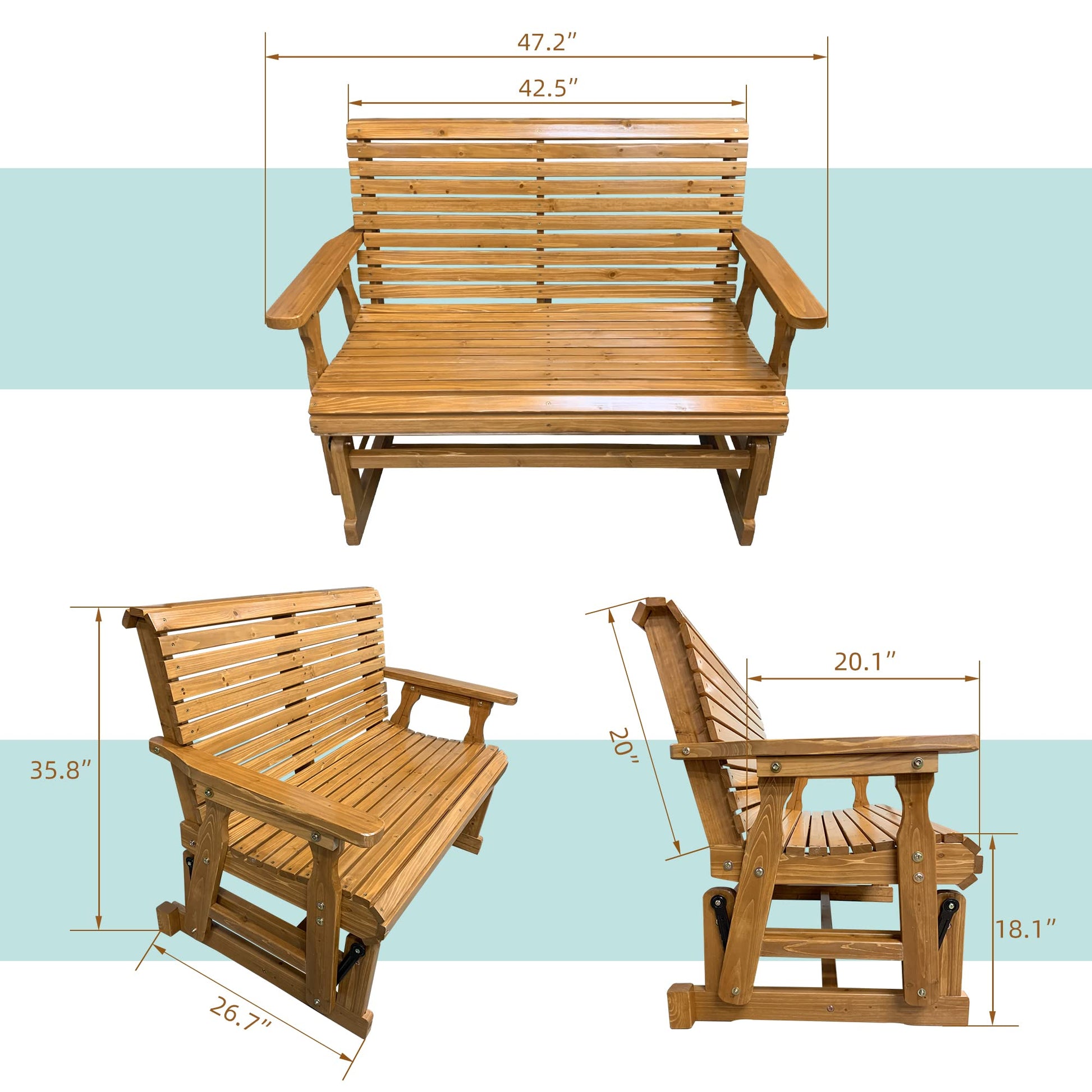 Wooden Patio Glider with High Roll Back and Deep Contoured Seat, Solid Fir Wood, 2-Seater, Heavy Duty 800 LBS, 4 Feet, Brown - WoodArtSupply