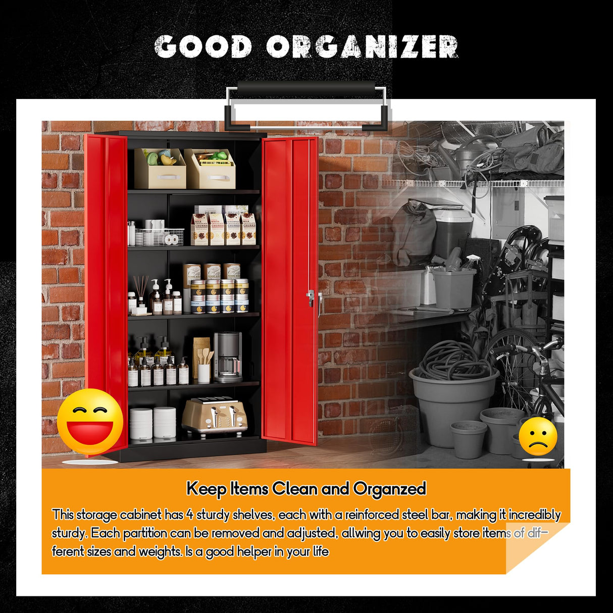 Greenvelly Metal Garage Storage Cabinet with Doors and Adjustable Shelves,72" Black Red Locking Steel Garage Cabinet,Storage Cabinet with Lock, Metal Tool Cabinets for Garage,Home Office,School Greenvelly