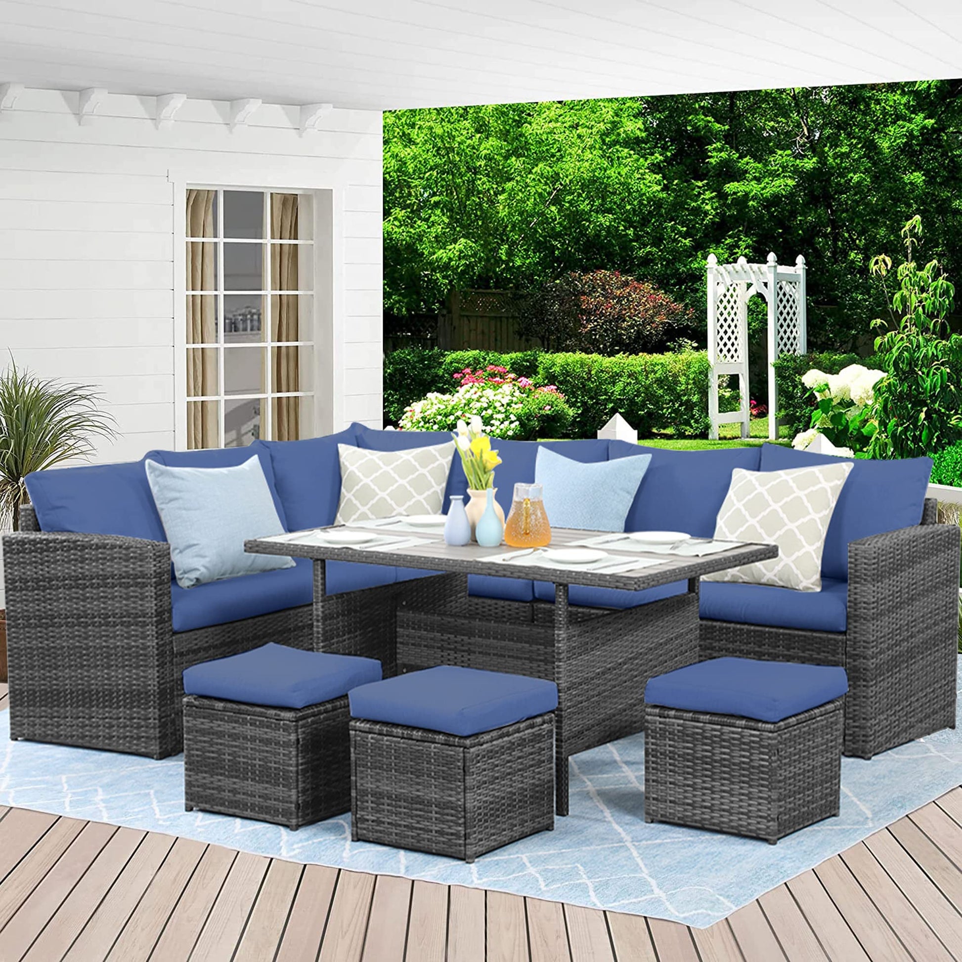 Wisteria Lane Outdoor Patio Furniture Set, 7 Piece Outdoor Dining Sectional Sofa with Dining Table and Chair, All Weather Wicker Conversation Set with Ottoman,Blue - WoodArtSupply